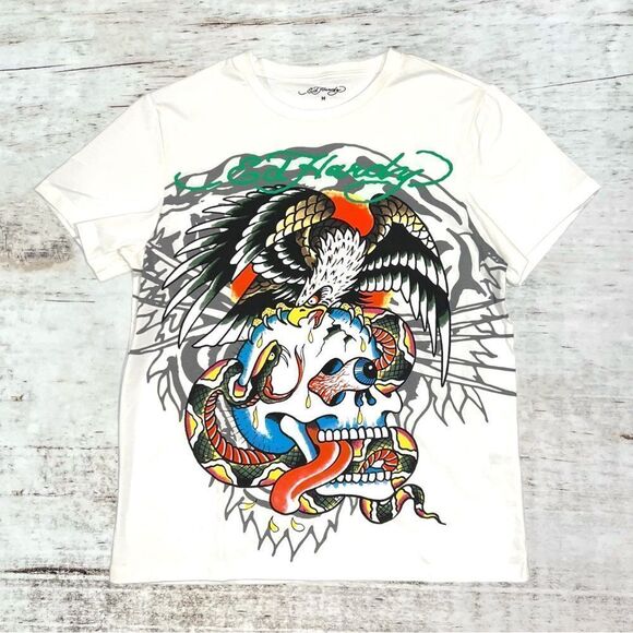 NWT Ed Hardy White Multicolor Eagle, Skull, Snake Eyeball Design Mens Medium - Picture 1 of 4